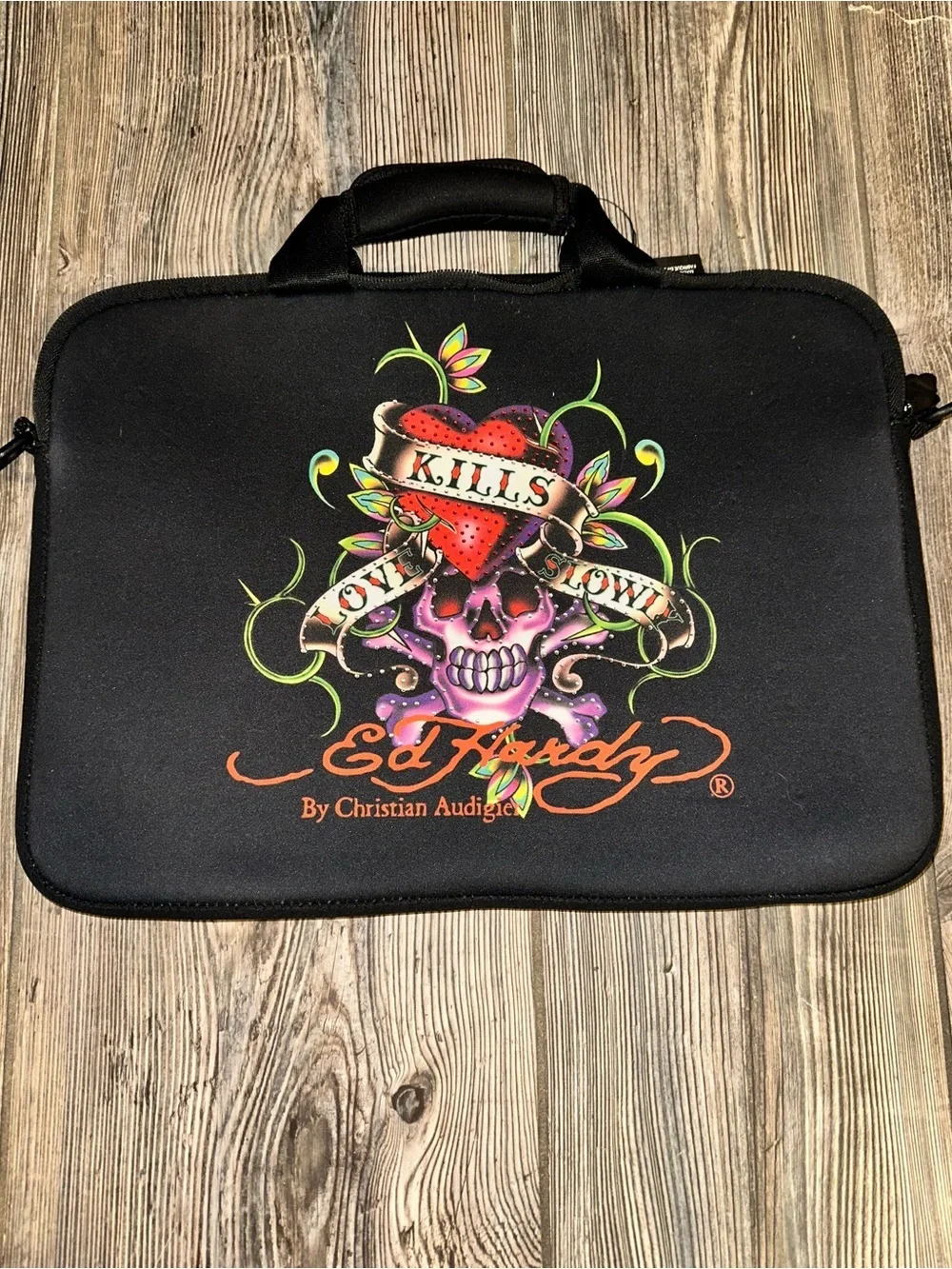 Ed Hardy Black Neoprene Sleeve with Colorful Skull & Heart Graphic Y2K Grunge
